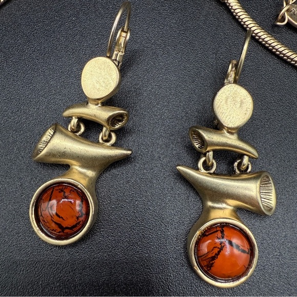 Brutalist Brushed Gold and Marbled Orange Jewelry Set of Earrings and Necklace - Picture 17 of 17